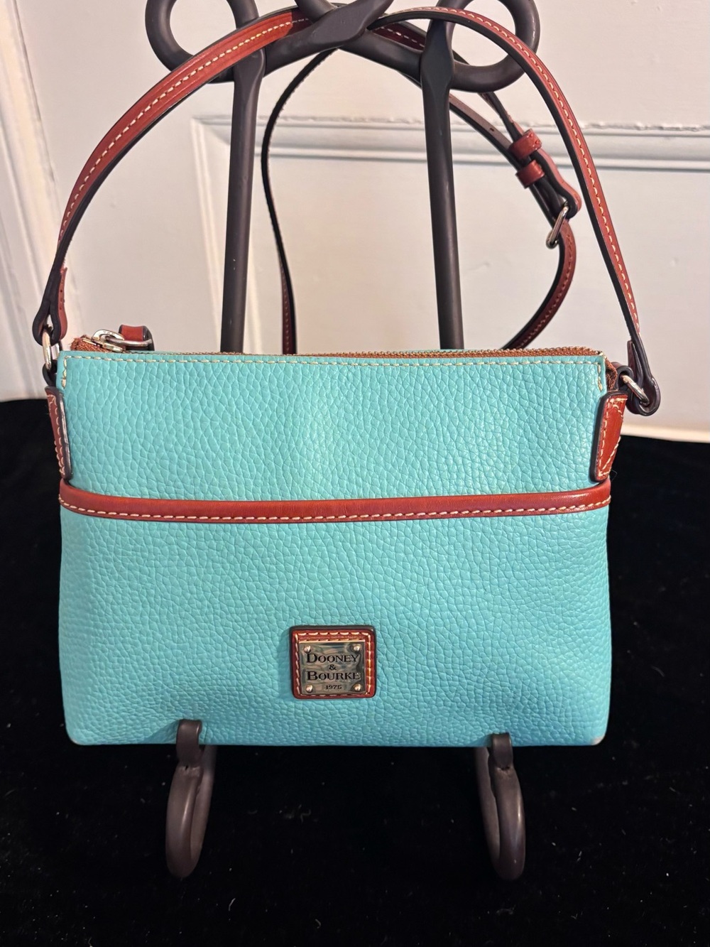 Dooney & Bourke Aqua Pebbled Leather Crossbody with Tan Trim - Picture 11 of 11